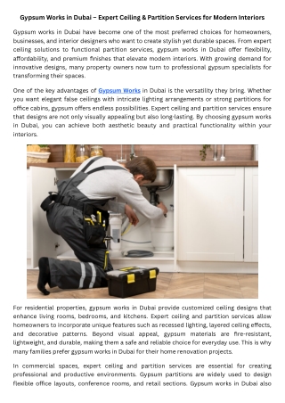 Gypsum Works in Dubai – Expert Ceiling & Partition Services for Modern Interiors