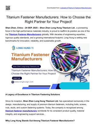 Leading Titanium Fastener Manufacturers - Shen Zhen Long Hung Titanium Ltd.