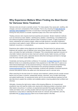 Why Experience Matters When Finding the Best Doctor for Varicose Veins Treatment