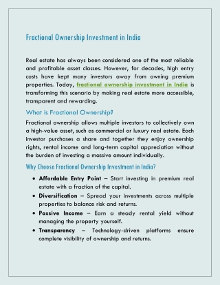 Fractional Ownership Investment in India