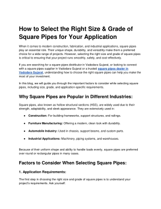 How to Select the Right Size & Grade of Square Pipes for Your Application