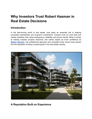 Robert Hasman Building Confidence in Real Estate Markets