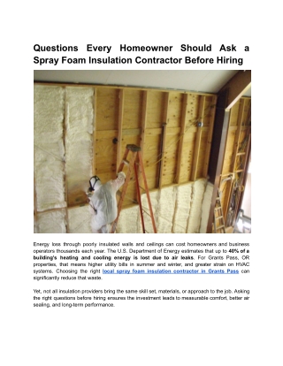 Questions Every Homeowner Should Ask a Spray Foam Insulation Contractor Before Hiring