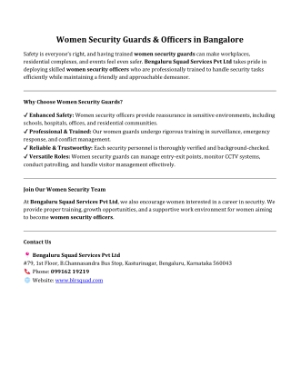 Women Security Guards & Officers in Bangalore