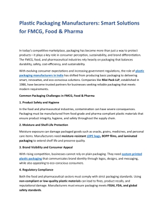 Plastic Packaging Manufacturers-Smart Solutions for FMCG, Food & Pharma