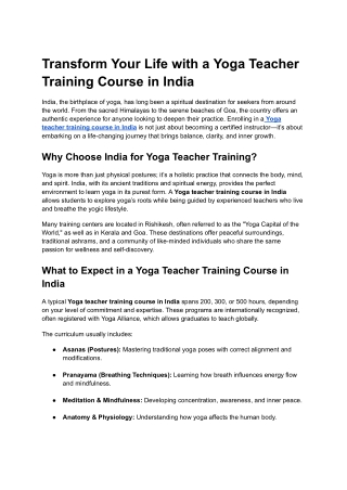 Transform Your Life with a Yoga Teacher Training Course in India
