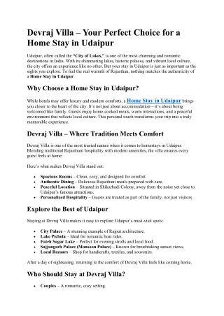 Devraj Villa – Your Perfect Choice for a Home Stay in Udaipur