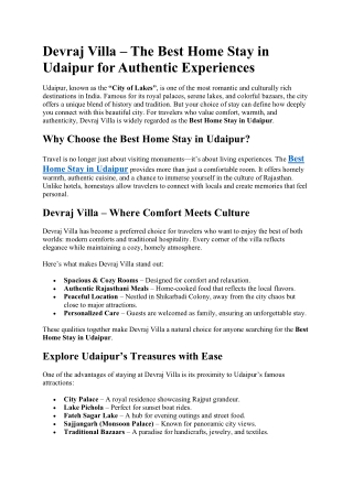 Devraj Villa – The Best Home Stay in Udaipur for Authentic Experiences