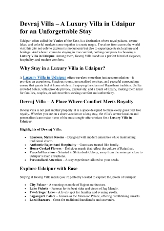 Devraj Villa – A Luxury Villa in Udaipur for an Unforgettable Stay