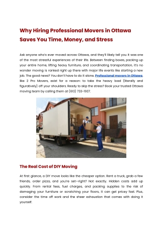 Why Hiring Professional Movers in Ottawa Saves You Time, Money, and Stress