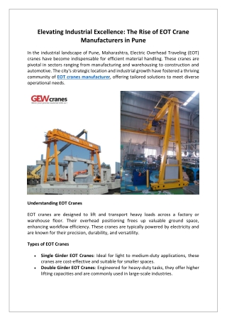 Elevating Industrial Excellence The Rise of EOT Crane Manufacturers in Pune