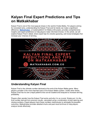Kalyan Final Expert Predictions and Tips on Matkakhabar