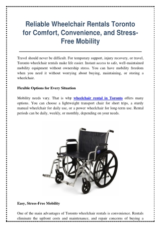Reliable Wheelchair Rentals Toronto for Comfort, Convenience, and Stress-Free Mobility