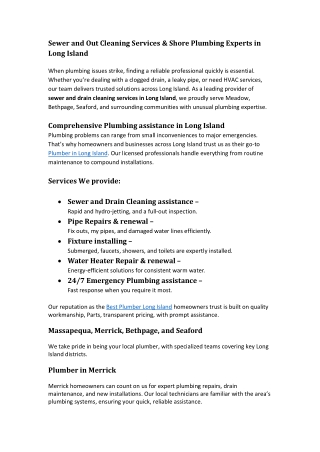 Sewer and Out Cleaning Services & Shore Plumbing Experts in Long Island