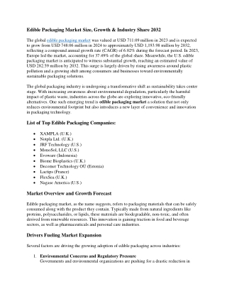 Edible Packaging Market Key Companies, Growth & Forecast 2032