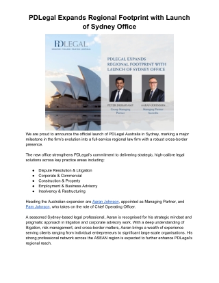 PDLegal Expands Regional Footprint with Launch of Sydney Office