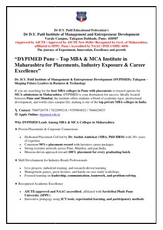 “DYPIMED Pune – Top MBA & MCA Institute in  Maharashtra for Placements, Industry