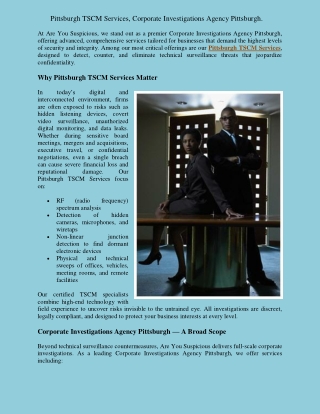 Corporate Investigations Agency in Pittsburgh