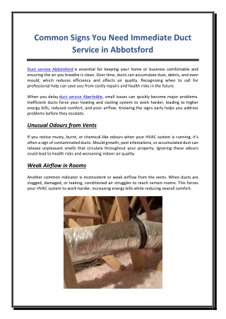 Common Signs You Need Immediate Duct Service in Abbotsford