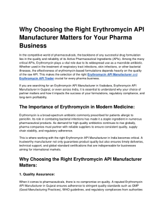 Why Choosing the Right Erythromycin API Manufacturer Matters for Your Pharma Business