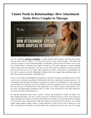 Unmet Needs in Relationships: Understanding Attachment Styles in Couples Therapy
