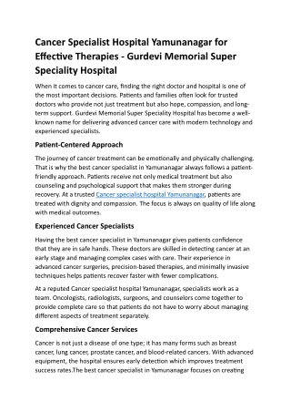 Cancer Specialist Hospital Yamunanagar for Effective Therapies - Gurdevi Memorial Super Speciality Hospital