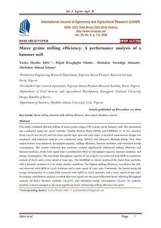 Maize grains milling efficiency: A performance analysis of a hammer mill