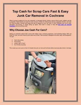 Top Cash for Scrap Cars: Fast & Easy Junk Car Removal in Cochrane