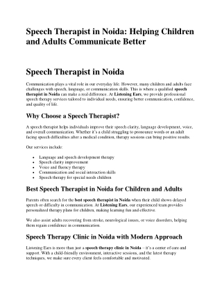 Early Speech Therapy with a Speech Therapist in Noida Brings Results