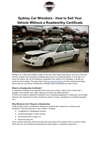 Sydney Car Wreckers - How to Sell Your Vehicle Without a Roadworthy Certificate