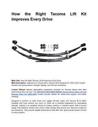 How the Right Tacoma Lift Kit Improves Every Drive