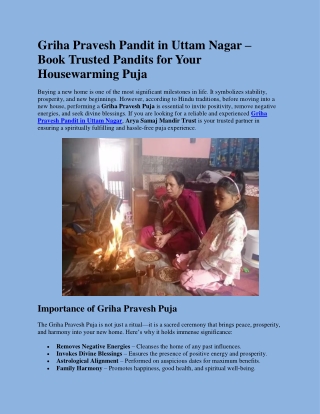 Griha Pravesh Pandit in Uttam Nagar | Arya Samaj Mandir Trust