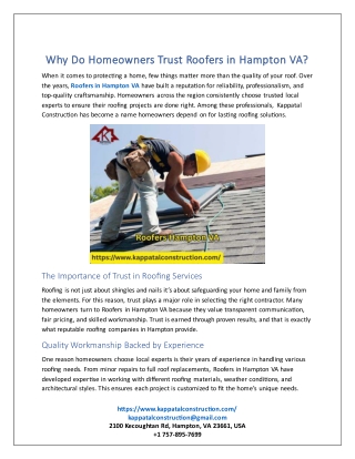 Why Do Homeowners Trust Roofers in Hampton VA?