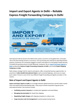 Import and Export Agents in Delhi – Reliable Express Freight Forwarding Company in Delhi