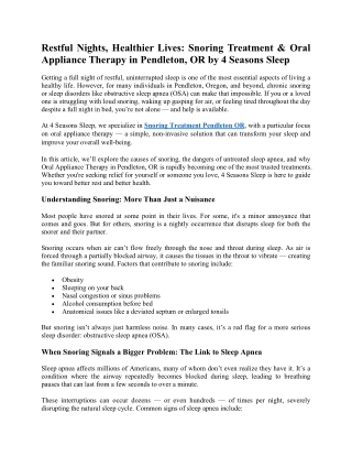Restful Nights, Healthier Lives: Snoring Treatment & Oral Appliance Therapy in P
