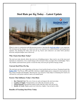 Steel Rate per Kg Today – Latest Update