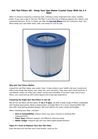 Hot Tub Filters UK – Keep Your Spa Water Crystal Clear With Go 2 4 Spas