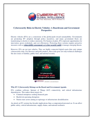 Cybersecurity Risks in Electric Vehicles:A Boardroom and Government Perspective
