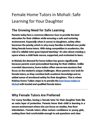 Female Home Tutors in Mohali_ Safe Learning for Your Daughter