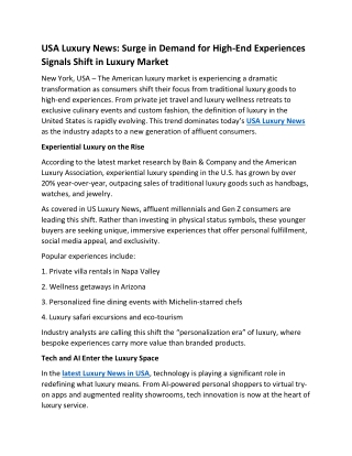 USA Luxury News- Surge in Demand for High-End Experiences Signals Shift in Luxury Market