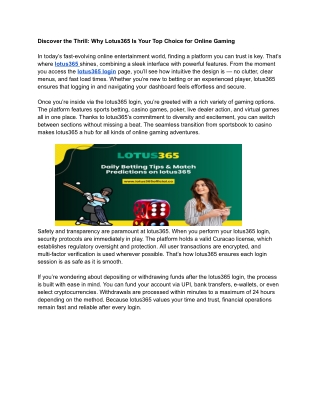 Discover the Thrill: Why Lotus365 Is Your Top Choice for Online Gaming