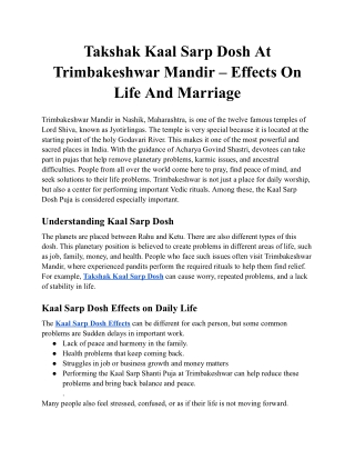 Takshak Kaal Sarp Dosh At Trimbakeshwar Mandir – Effects On Life And Marriage