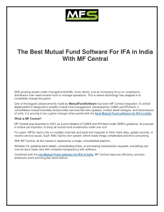 The Best Mutual Fund Software For IFA in India With MF Central
