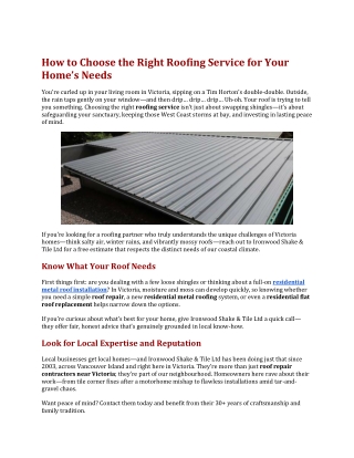 How to Choose the Right Roofing Service for Your Home’s Needs
