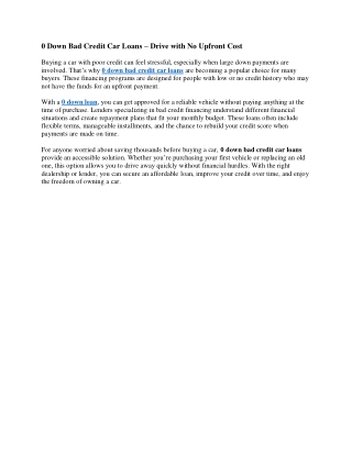0 Down Bad Credit Car Loans – Drive with No Upfront Cost