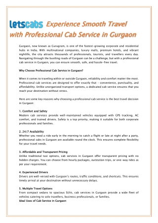 Experience Smooth Travel with Professional Cab Service in Gurgaon