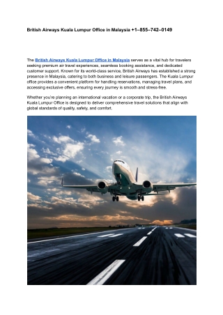 British Airways Kuala Lumpur Office in Malaysia  1–855–742–0149