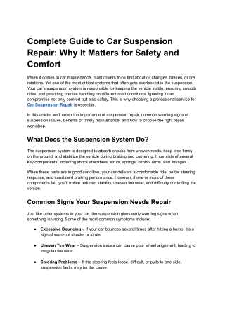 Complete Guide to Car Suspension Repair_ Why It Matters for Safety and Comfort