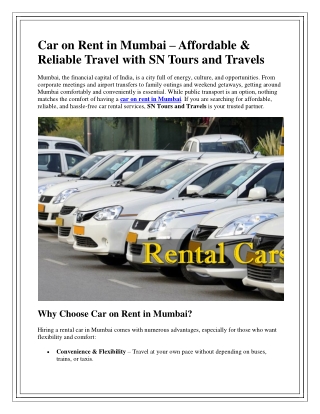 Car on Rent in Mumbai – Affordable & Reliable Travel with SN Tours and Travels