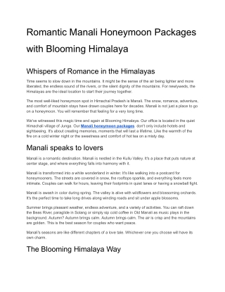 Manali Honeymoon Packages with Blooming Himalaya